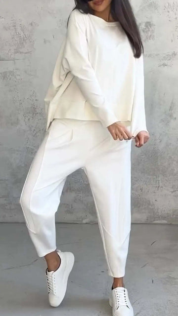 Women's Irregular Suit Long-sleeved Round Neck Top And Loose Harem Pants With Pockets Ins Fashion Trousers Set Women's Clothing